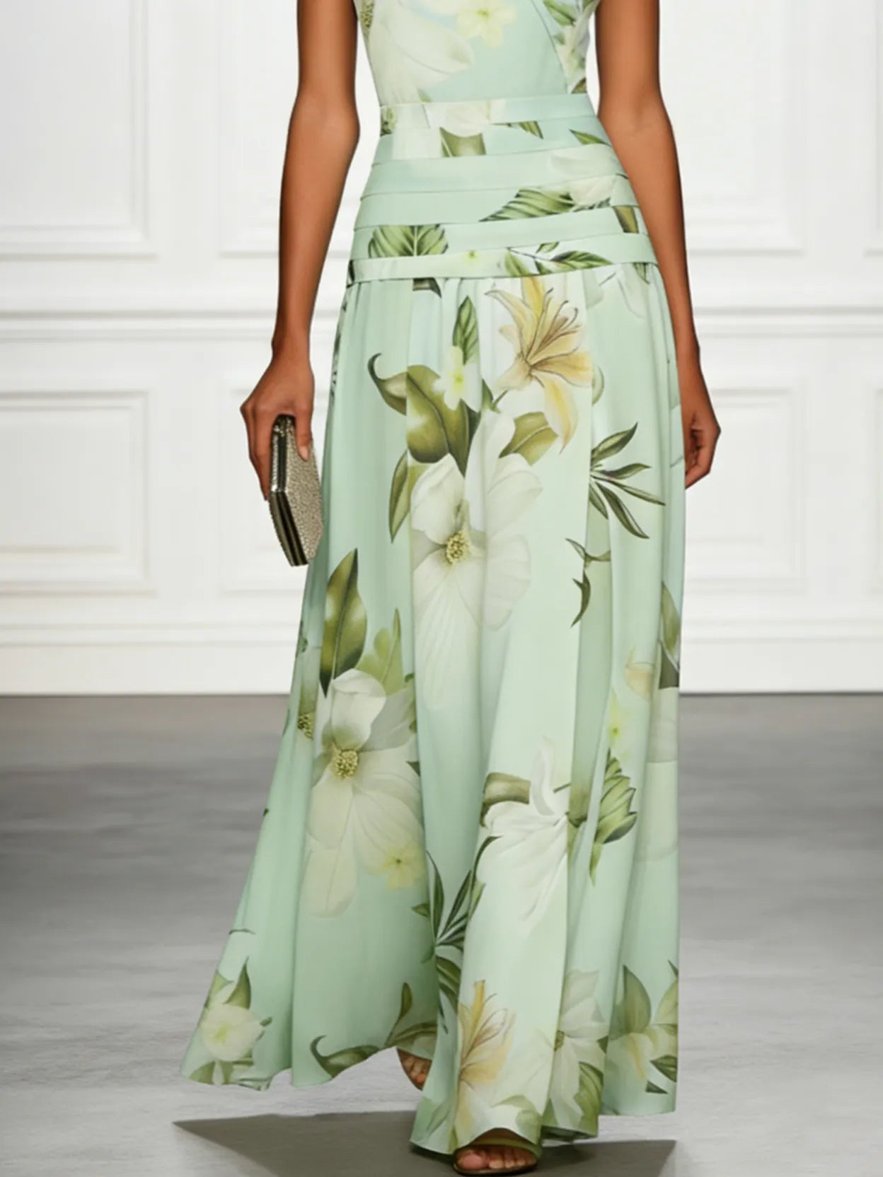 Vestido de Invitada de Boda Largo Flores Cuello Barco con Plisado Detalles