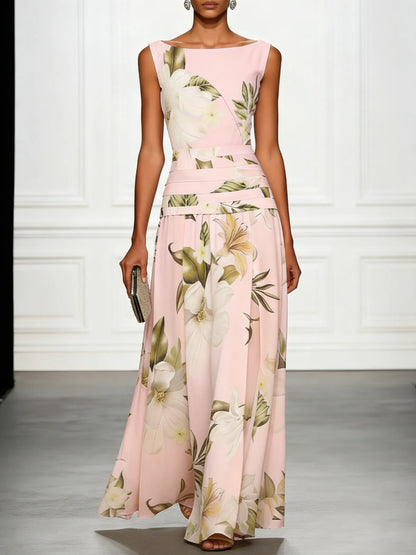 Vestido de Invitada de Boda Largo Flores Cuello Barco con Plisado Detalles