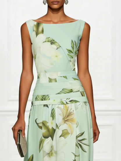 Vestido de Invitada de Boda Largo Flores Cuello Barco con Plisado Detalles