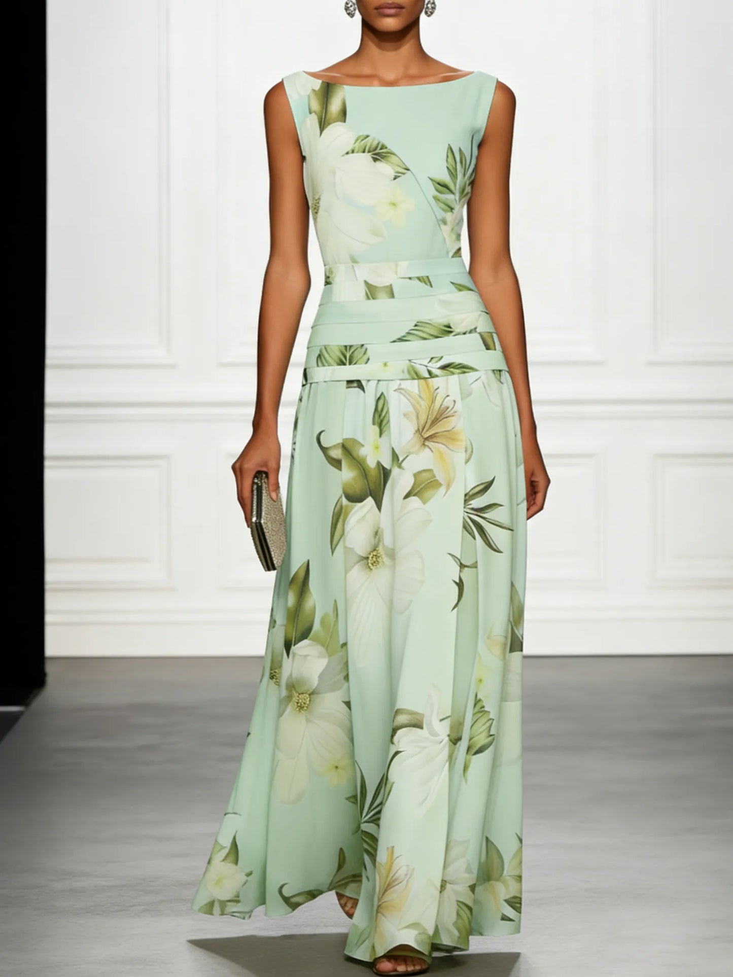Vestido de Invitada de Boda Largo Flores Cuello Barco con Plisado Detalles