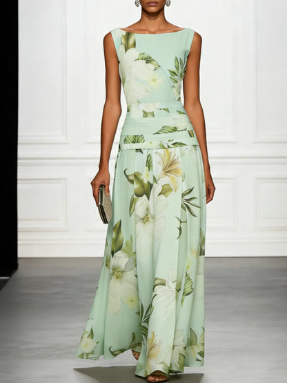 Vestido de Invitada de Boda Largo Flores Cuello Barco con Plisado Detalles