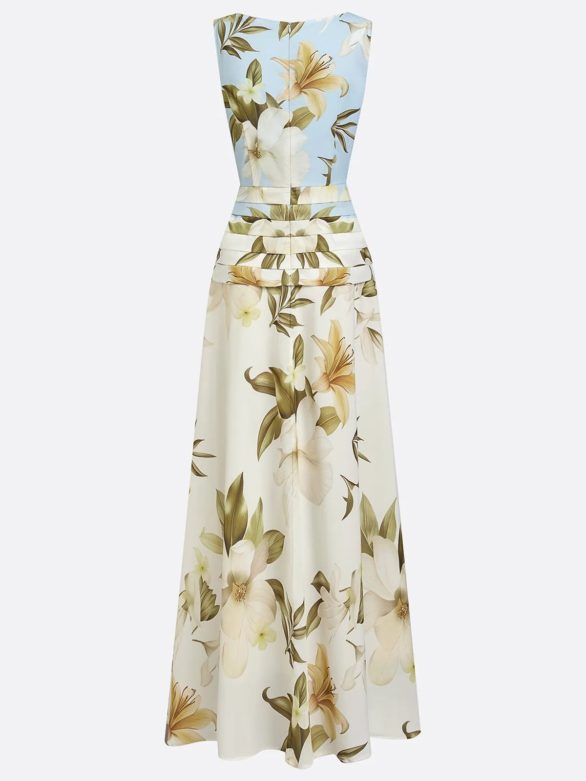 Vestido de Invitada de Boda Largo Flores Cuello Barco con Plisado Detalles
