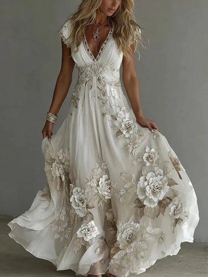 Vestido de Invitada de Boda Largo Flores Elegante con Cuello V