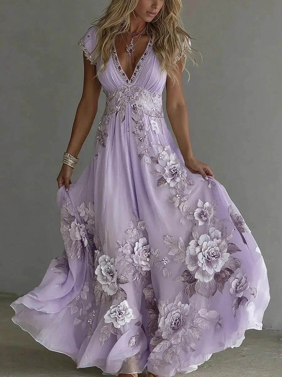 Vestido de Invitada de Boda Largo Flores Elegante con Cuello V