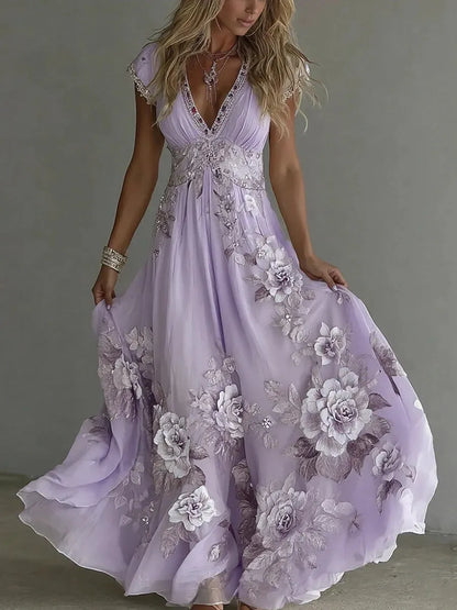 Vestido de Invitada de Boda Largo Flores Elegante con Cuello V
