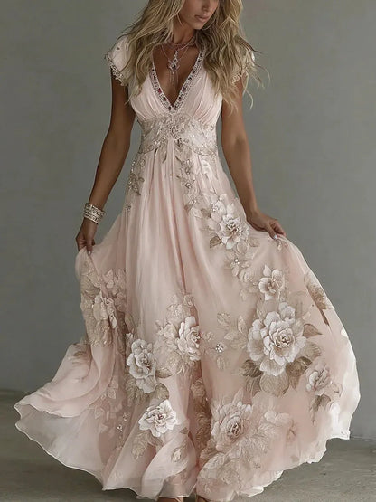 Vestido de Invitada de Boda Largo Flores Elegante con Cuello V