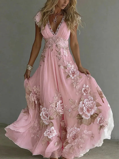 Vestido de Invitada de Boda Largo Flores Elegante con Cuello V