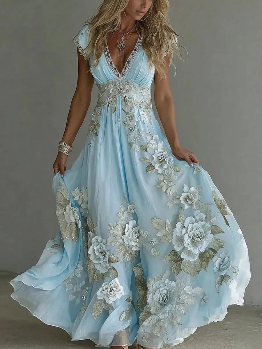 Vestido de Invitada de Boda Largo Flores Elegante con Cuello V