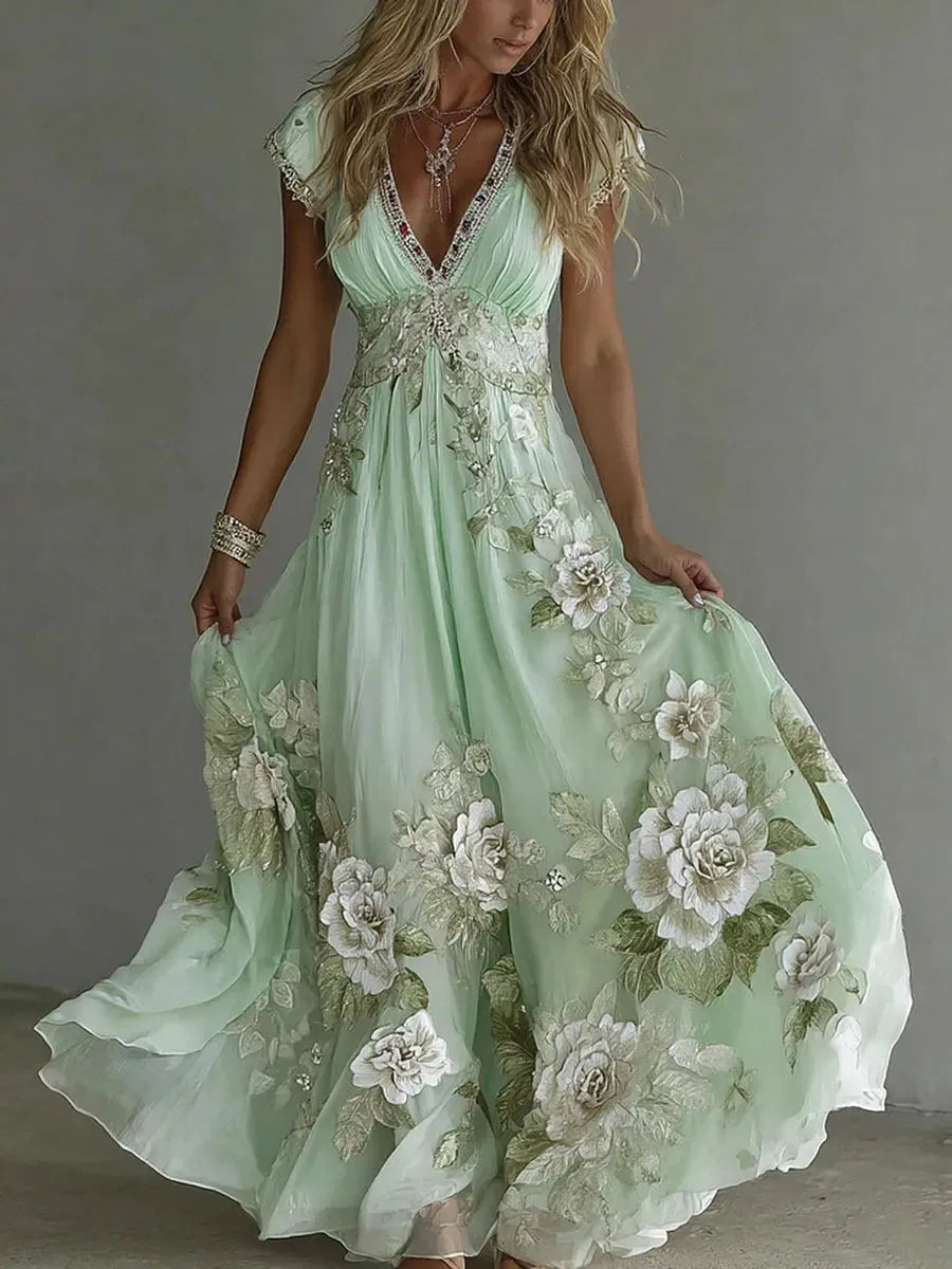 Vestido de Invitada de Boda Largo Flores Elegante con Cuello V