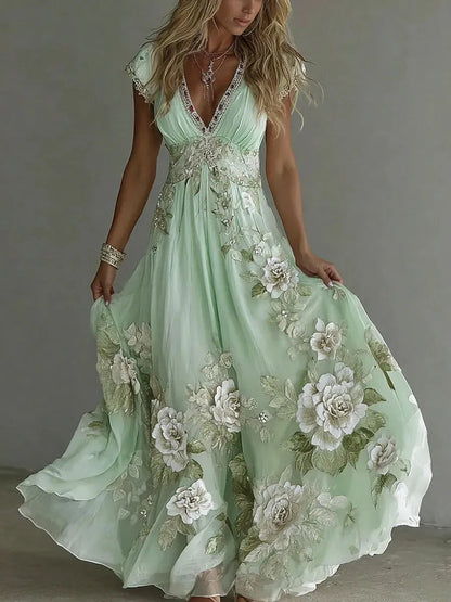 Vestido de Invitada de Boda Largo Flores Elegante con Cuello V