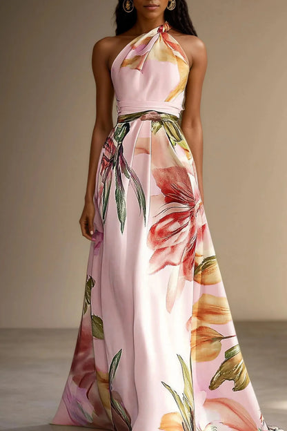 Vestido de Invitada de Boda Largo Flores Elegante con Escote Asimétrico