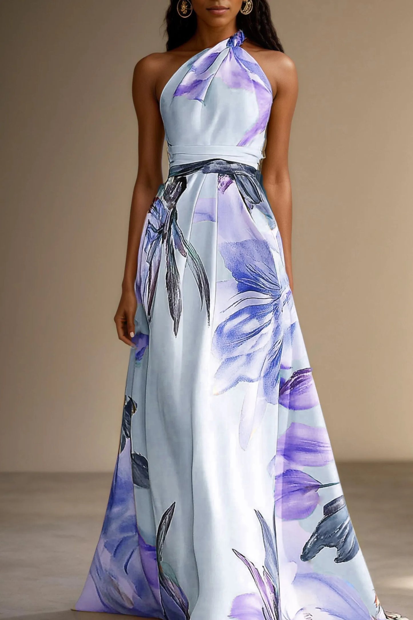 Vestido de Invitada de Boda Largo Flores Elegante con Escote Asimétrico
