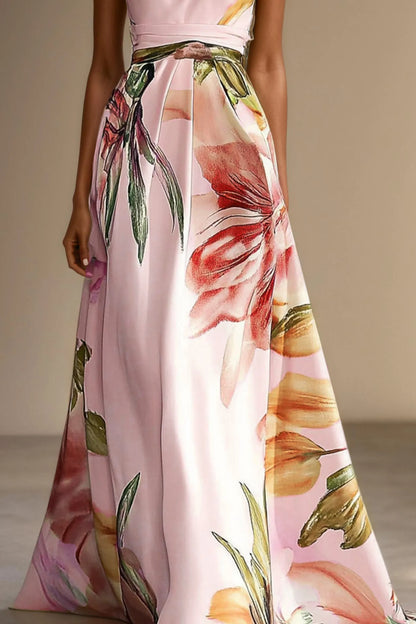 Vestido de Invitada de Boda Largo Flores Elegante con Escote Asimétrico