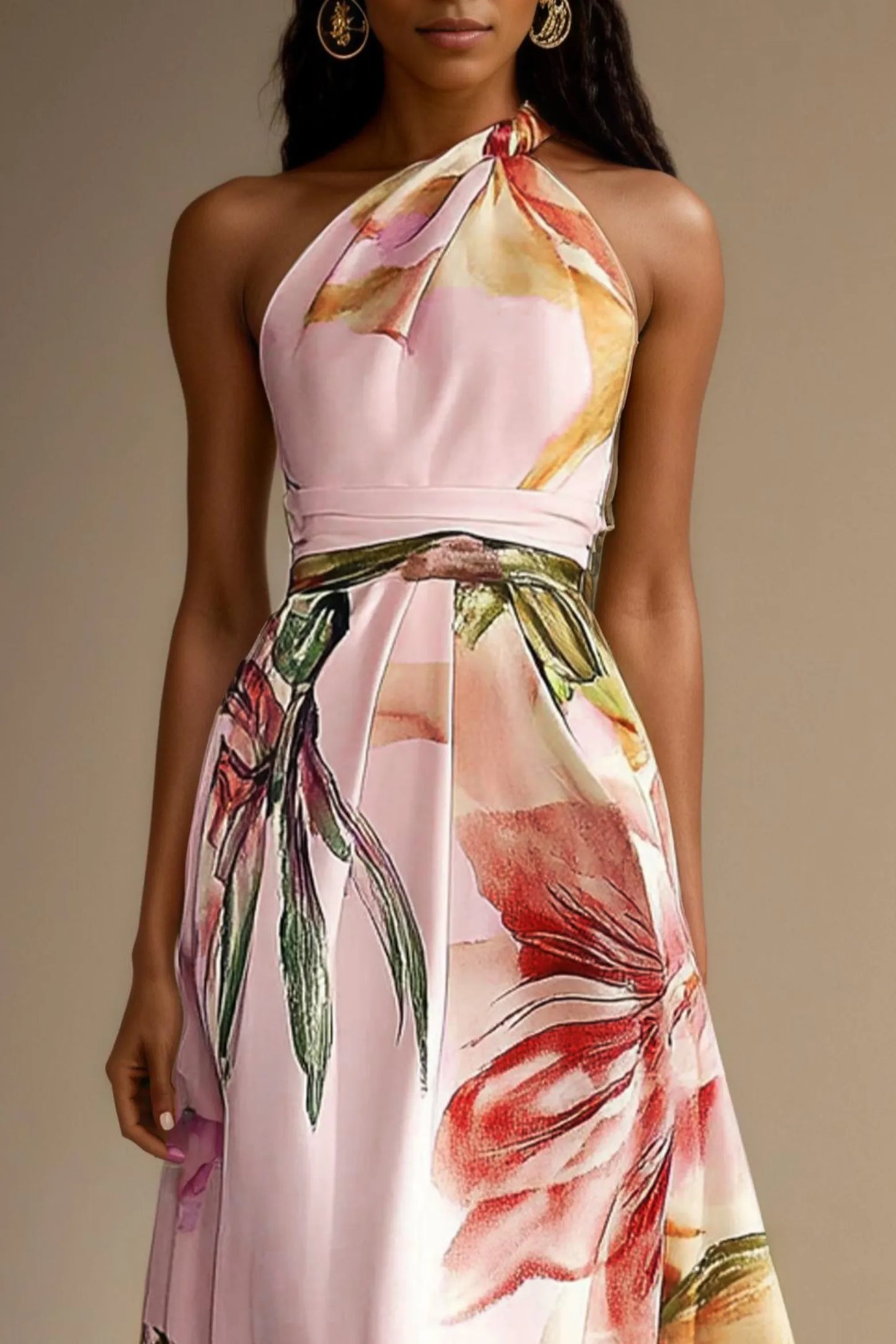Vestido de Invitada de Boda Largo Flores Elegante con Escote Asimétrico