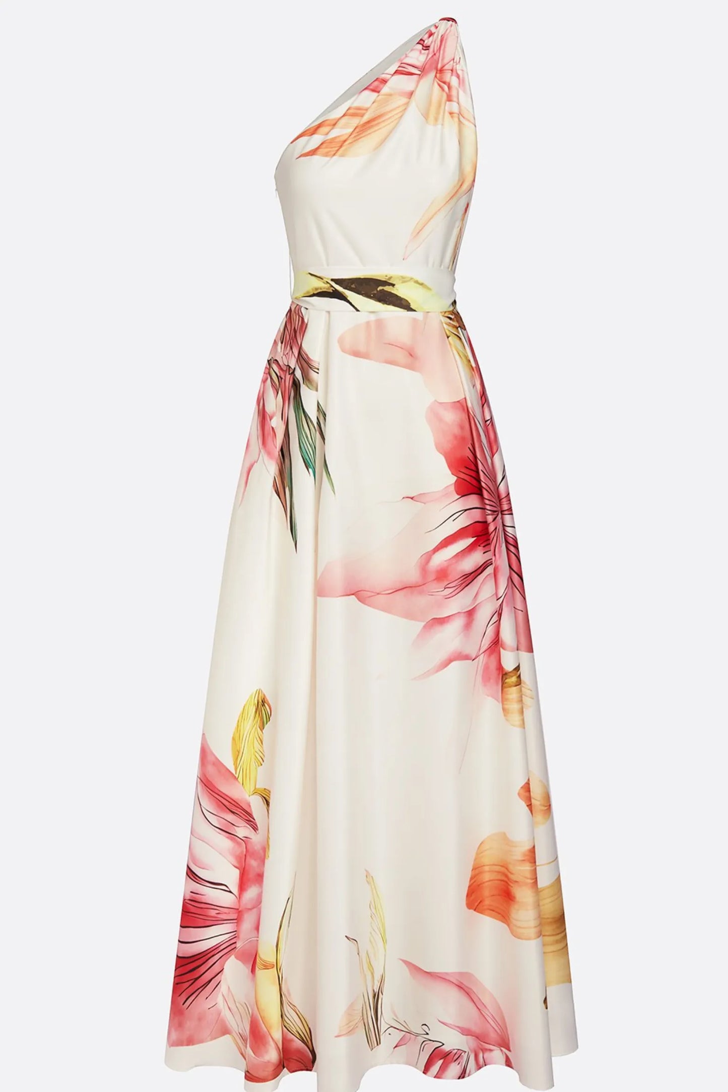 Vestido de Invitada de Boda Largo Flores Elegante con Escote Asimétrico