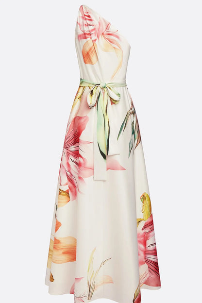 Vestido de Invitada de Boda Largo Flores Elegante con Escote Asimétrico