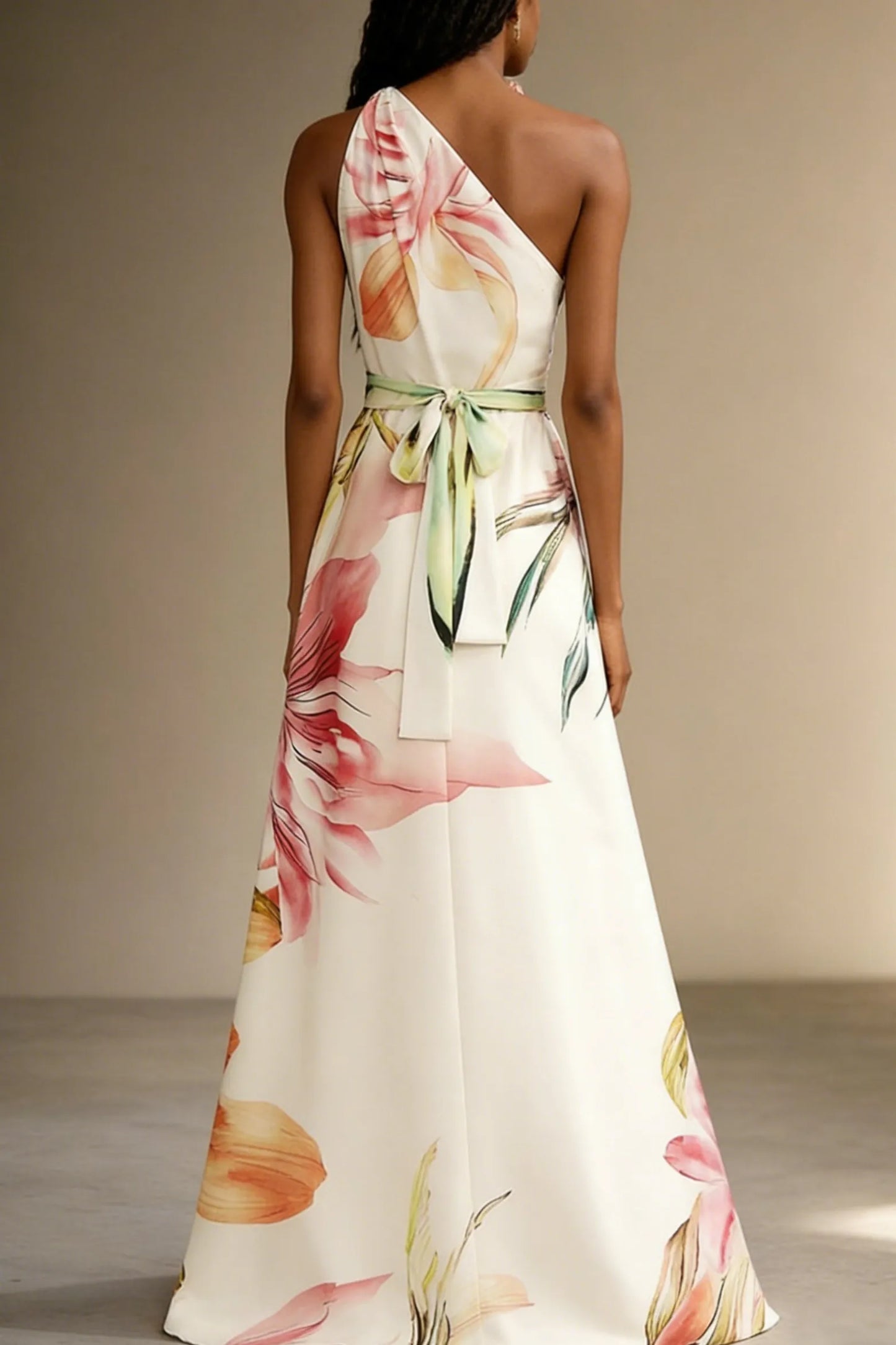 Vestido de Invitada de Boda Largo Flores Elegante con Escote Asimétrico