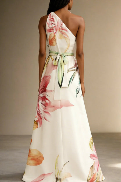 Vestido de Invitada de Boda Largo Flores Elegante con Escote Asimétrico