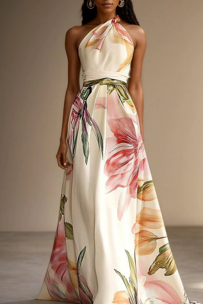 Vestido de Invitada de Boda Largo Flores Elegante con Escote Asimétrico