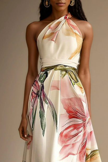 Vestido de Invitada de Boda Largo Flores Elegante con Escote Asimétrico