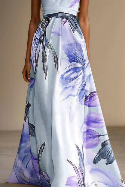 Vestido de Invitada de Boda Largo Flores Elegante con Escote Asimétrico