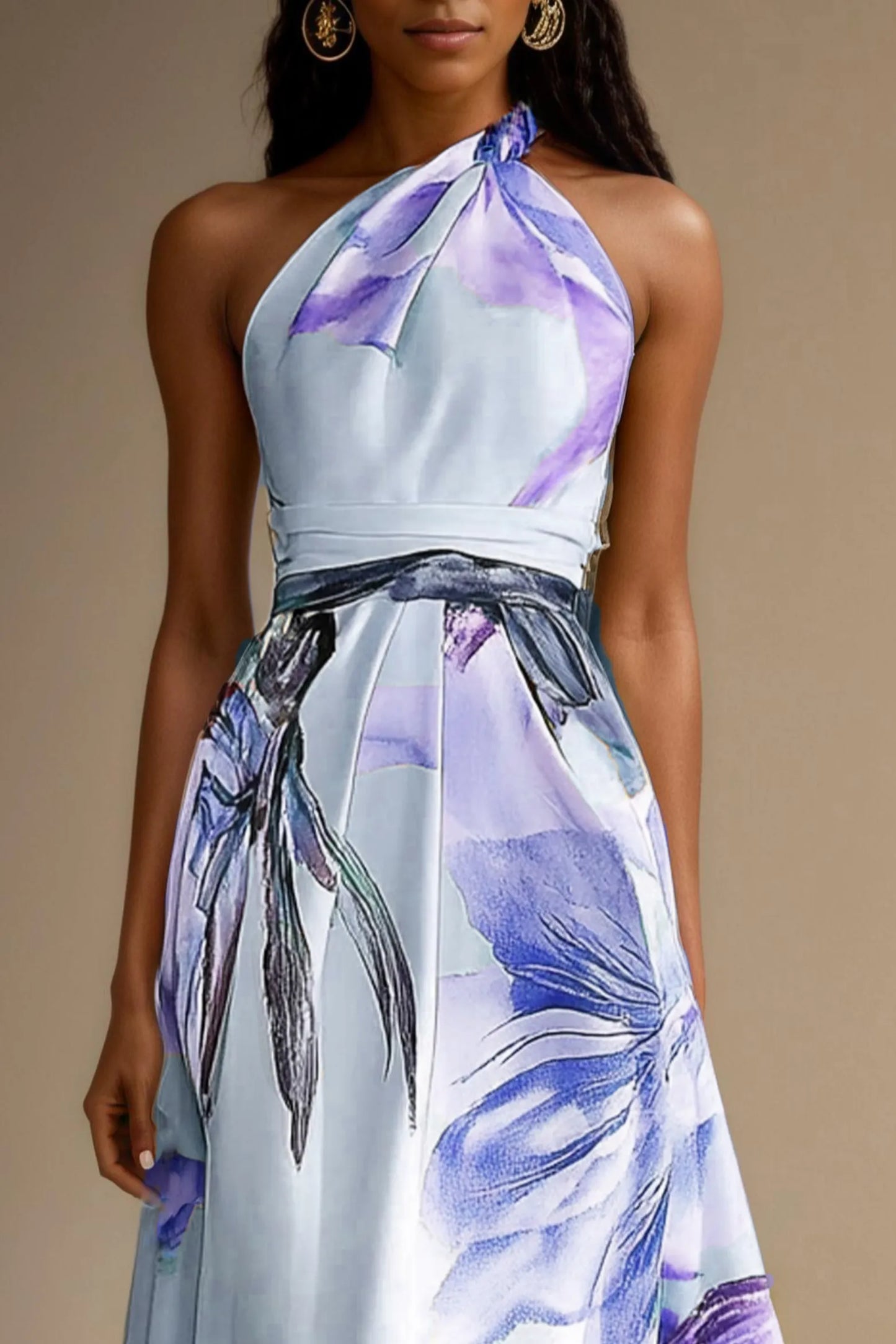 Vestido de Invitada de Boda Largo Flores Elegante con Escote Asimétrico