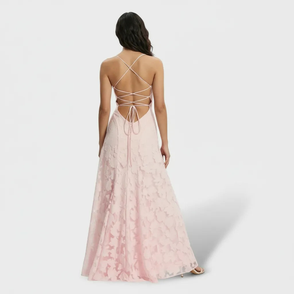 Vestido de Invitada de Boda Largo Flores Elegante con Espalda Descubierta