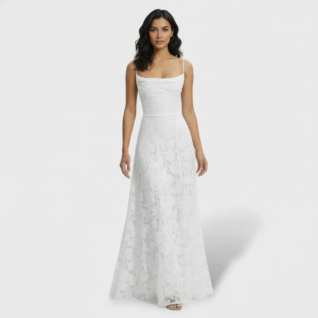 Vestido de Invitada de Boda Largo Flores Elegante con Espalda Descubierta