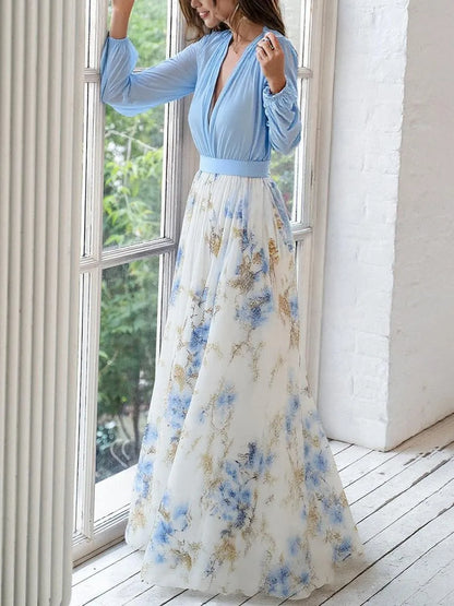 Vestido de Invitada de Boda Largo Flores Elegante con Manga Larga