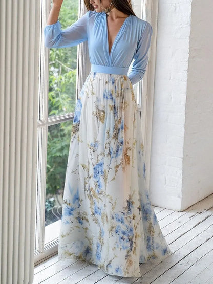 Vestido de Invitada de Boda Largo Flores Elegante con Manga Larga