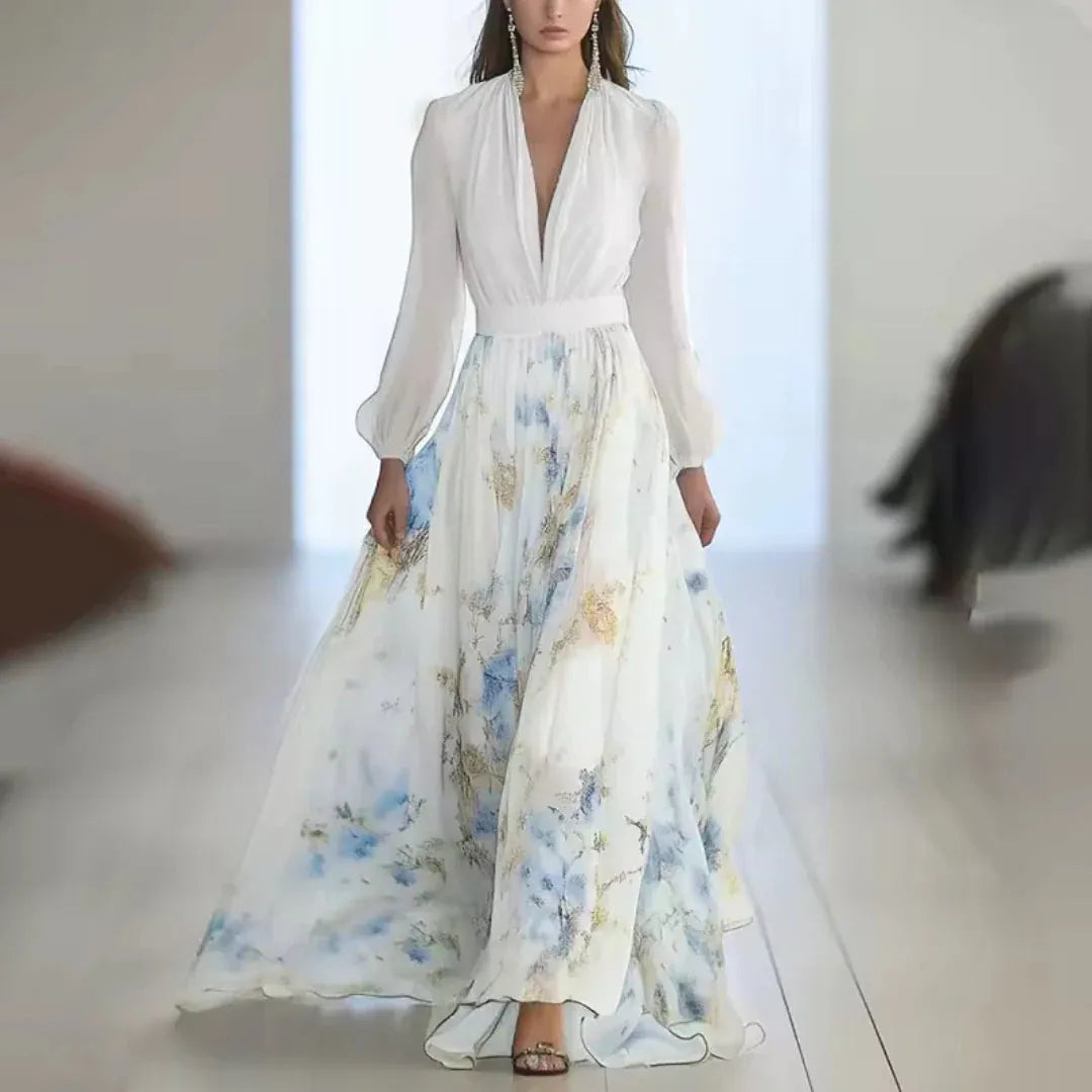 Vestido de Invitada de Boda Largo Flores Elegante con Manga Larga