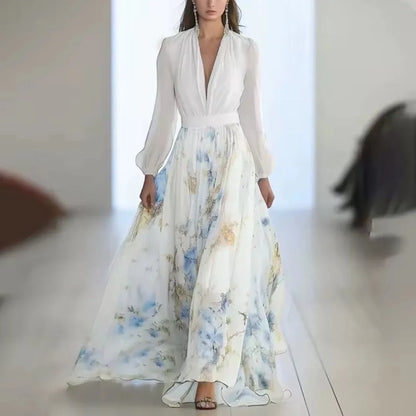 Vestido de Invitada de Boda Largo Flores Elegante con Manga Larga