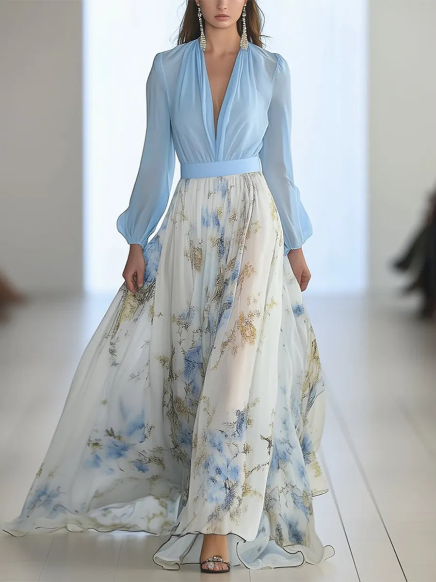Vestido de Invitada de Boda Largo Flores Elegante con Manga Larga