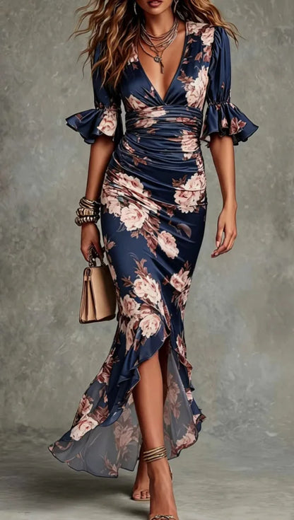 Vestido de Invitada de Boda Largo Flores Elegante con Volantes