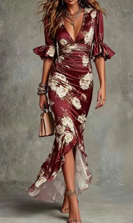 Vestido de Invitada de Boda Largo Flores Elegante con Volantes