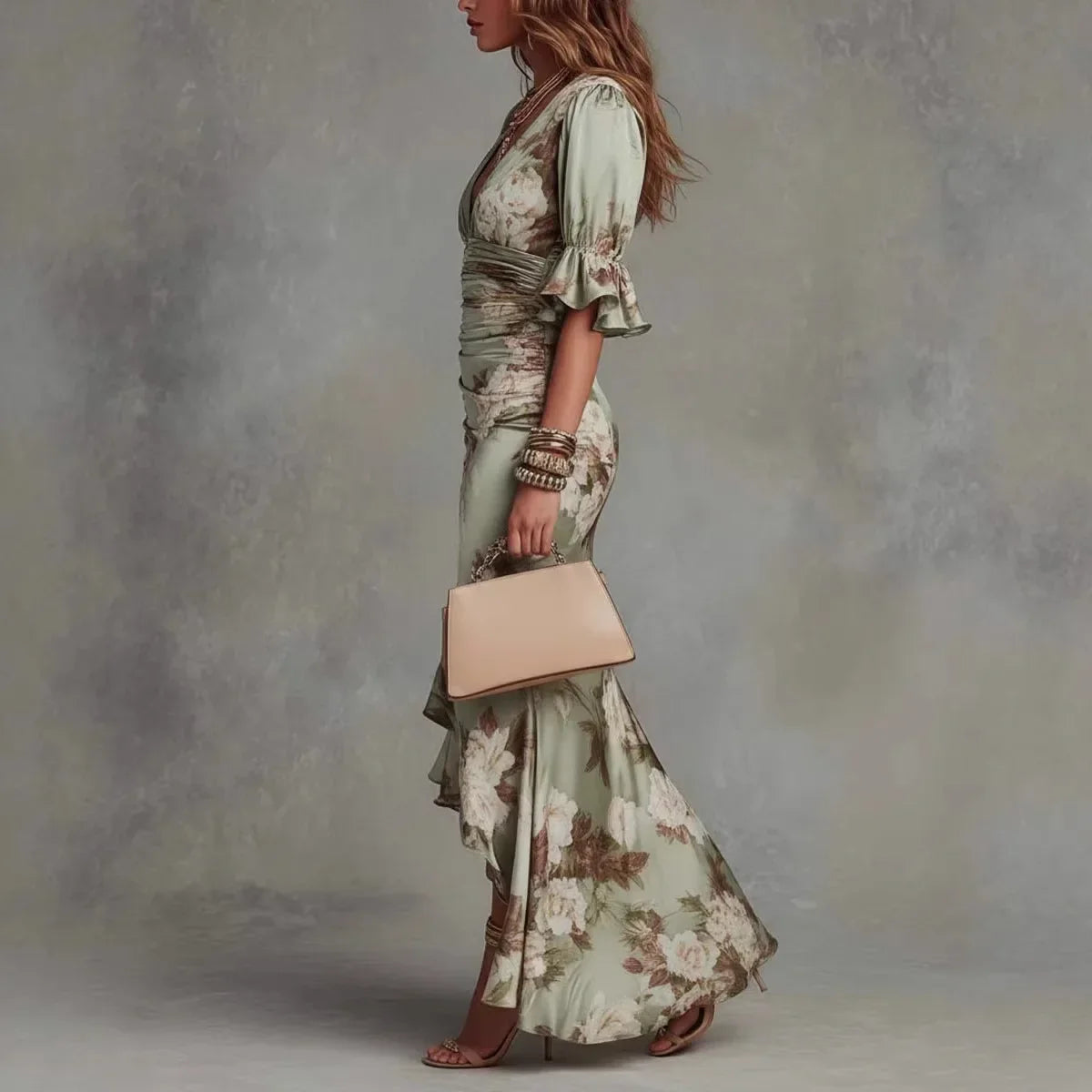 Vestido de Invitada de Boda Largo Flores Elegante con Volantes