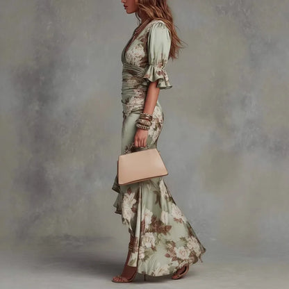 Vestido de Invitada de Boda Largo Flores Elegante con Volantes