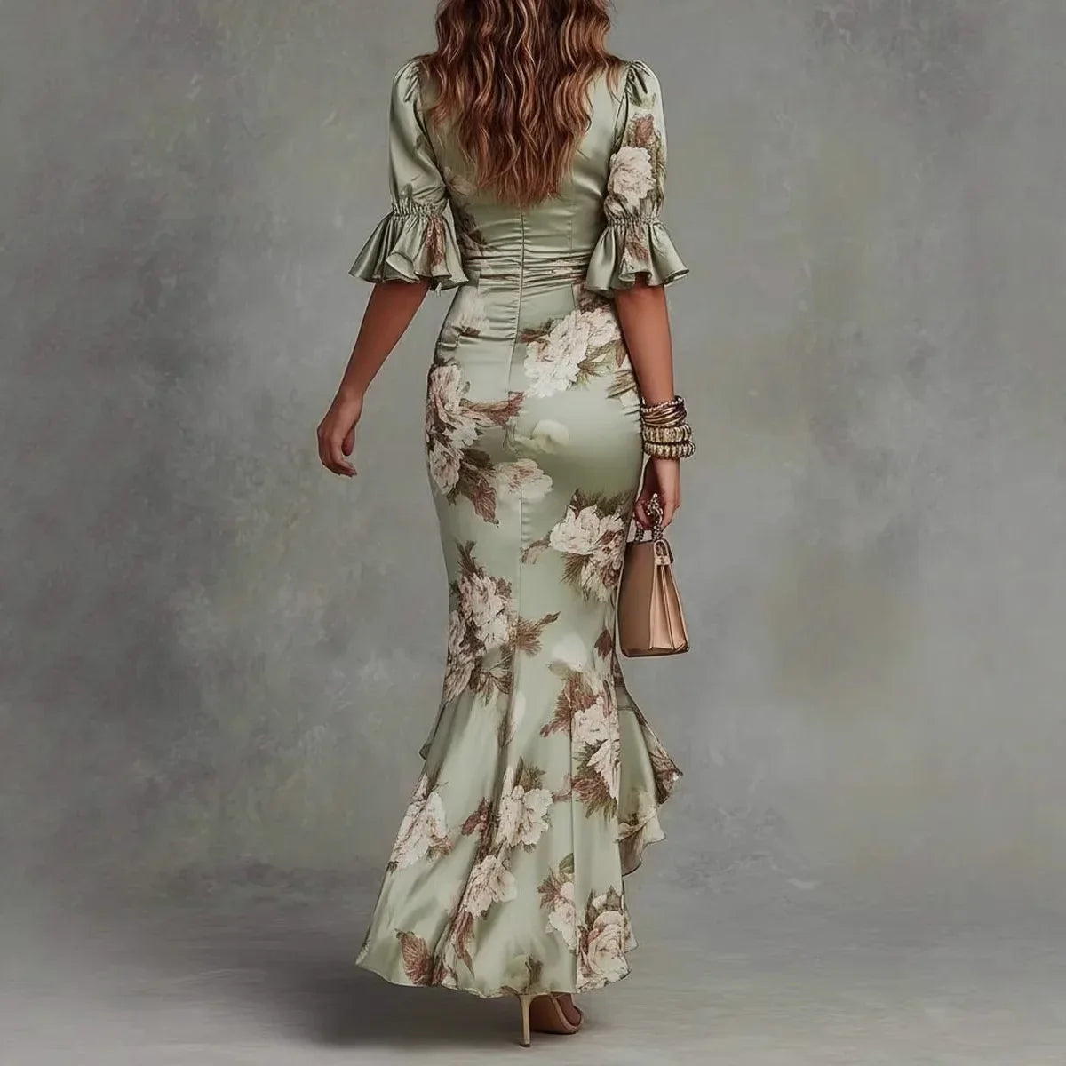 Vestido de Invitada de Boda Largo Flores Elegante con Volantes