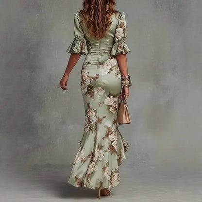 Vestido de Invitada de Boda Largo Flores Elegante con Volantes