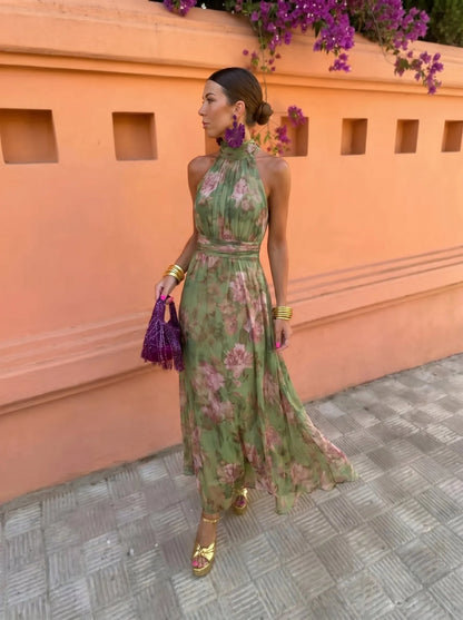 Vestido de Invitada de Boda Largo Flores Verde con Cuello Halter