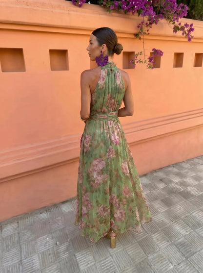 Vestido de Invitada de Boda Largo Flores Verde con Cuello Halter