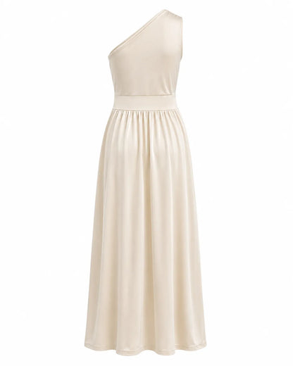 Vestido de Invitada de Boda Largo Fluido Elegante con Cuello Asimétrico