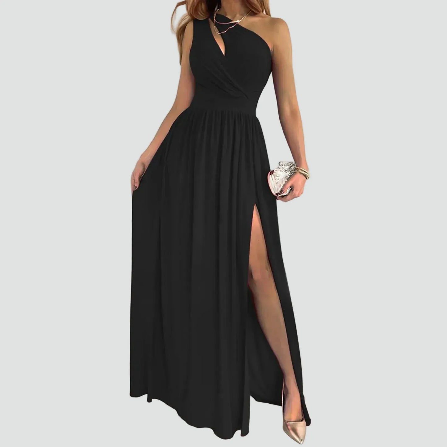 Vestido de Invitada de Boda Largo Fluido Elegante con Cuello Asimétrico