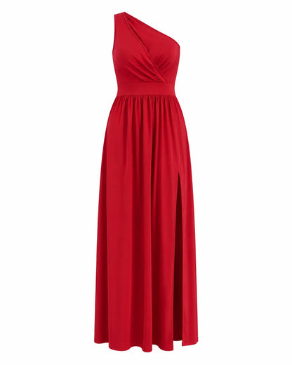 Vestido de Invitada de Boda Largo Fluido Elegante con Cuello Asimétrico