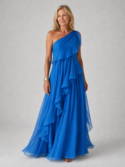 Vestido de Invitada de Boda Largo Fluido Elegante con Diseño Asimétrico