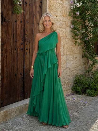 Vestido de Invitada de Boda Largo Fluido Elegante con Diseño Asimétrico