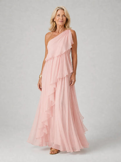 Vestido de Invitada de Boda Largo Fluido Elegante con Diseño Asimétrico