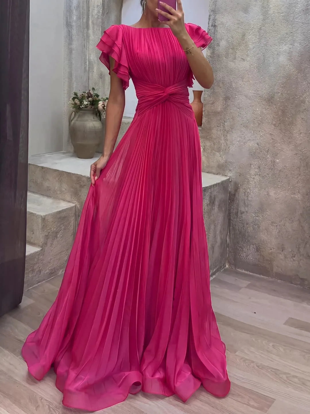 Vestido de Invitada de Boda Largo Fluido Elegante con Diseño Plisado