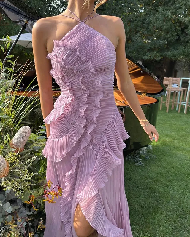 Vestido de Invitada de Boda Largo Fluido Elegante con Volantes