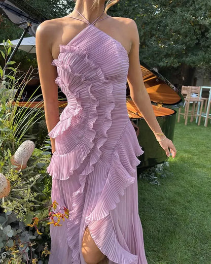 Vestido de Invitada de Boda Largo Fluido Elegante con Volantes